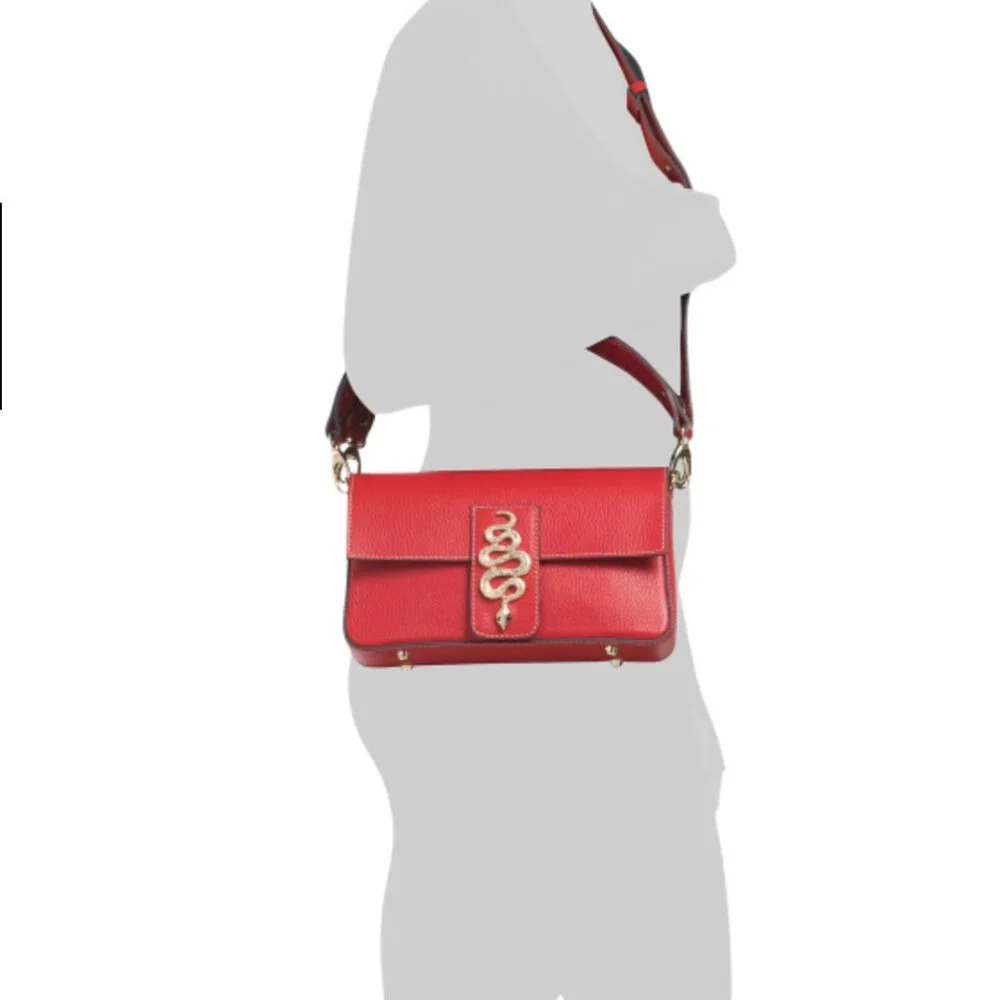 Divina Firenze Italy Red Leather Shoulder Crossbody Bag with Gold Snake Tab